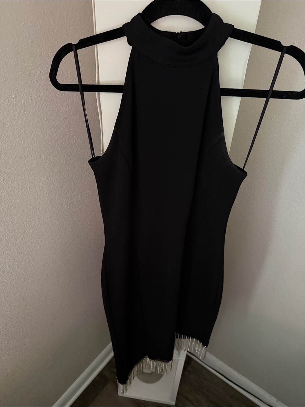 Amazon Black High-Neck Mini Dress with Fringe Trim